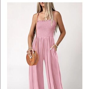 PRETTYGARDEN Womens Linen Smocked Spaghetti Strap Pockets Wide Leg Rompers